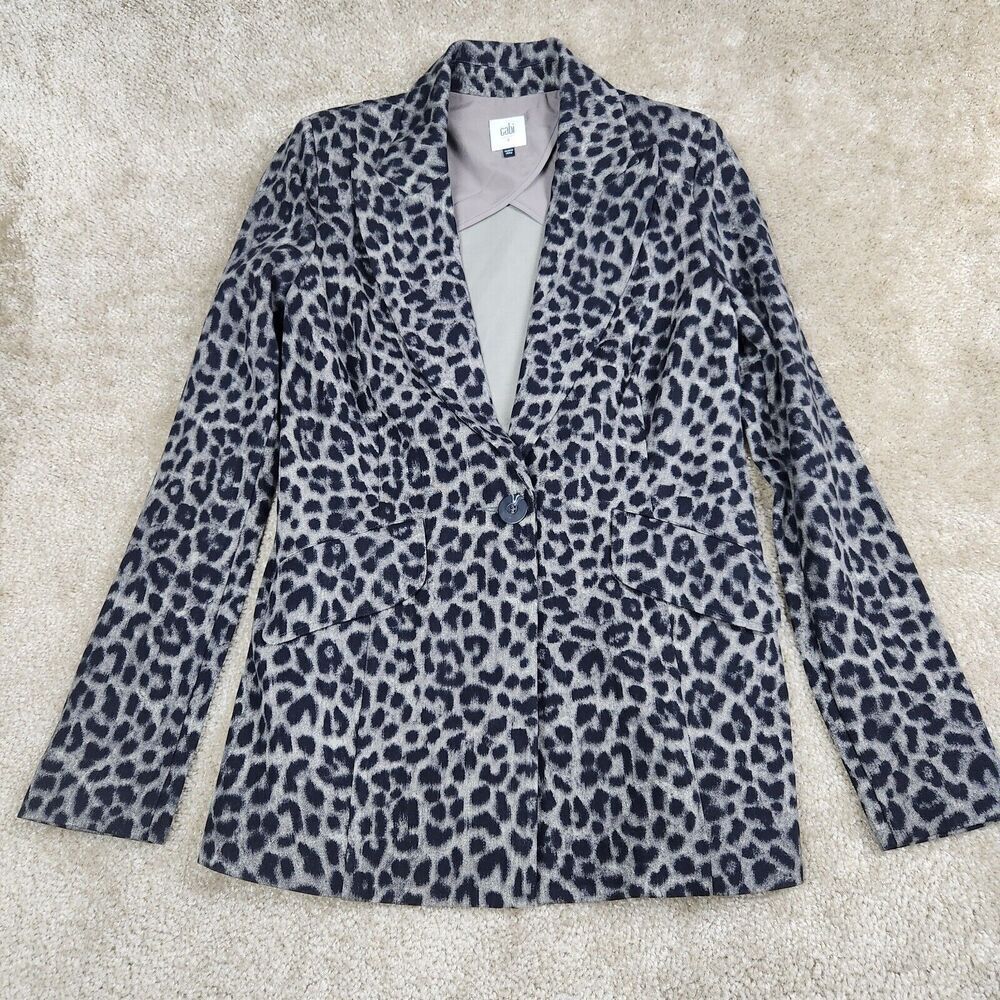 CABI Women's Leopard Jungle One Button Front Ponte Knit Jacket SZ 2 Black